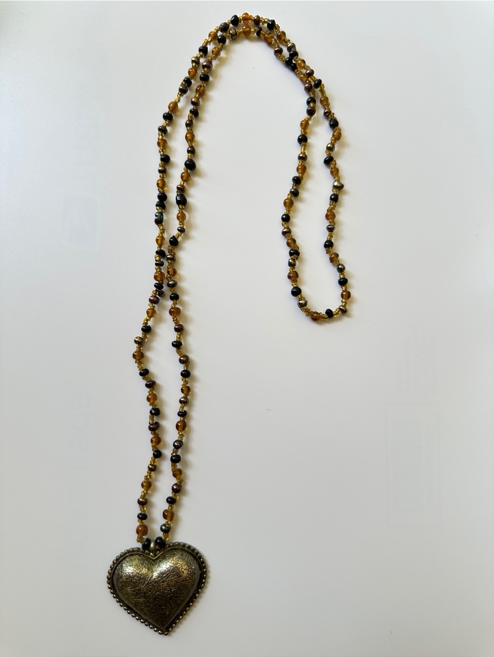 Heart Pendant Beaded Necklace - Gold and Black